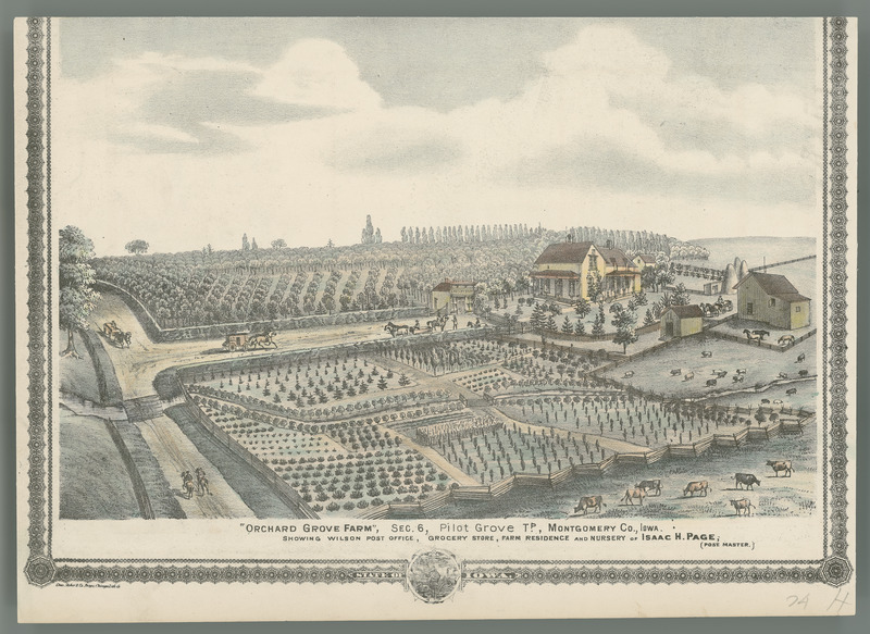 Illustration of Orchard Grove Farm, including Wilson Post Office, a grocery store, and the farm residence and nursery of Isaac H. Page, postmaster. Published in A. T. Andreas, Illustrated Historical Atlas of the State of Iowa, Chicago: Andreas Atlas Co., 1875.