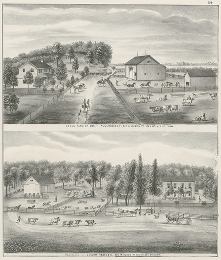 Item from a collection of engravings, lithographs (some hand-colored), and photogravures depicting farmsteads and stock farms in Iowa circa 1871-1904. Prints in the collection originally appeared in such vintage atlases as A. T. Andreas's "Illustrated historical atlas of the state of Iowa" (1875), M. Huebinger's "Atlas of the state of Iowa" (1904), and other publications.