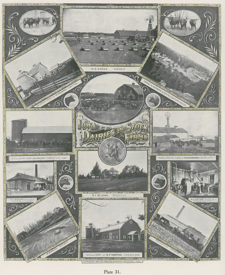 Illustration of Iowa dairies and stock farms. Published in M. (Melchior) Huebinger, Atlas of the State of Iowa, Davenport, Iowa: Iowa Publishing Co., Inc., 1904, plates 30-31.