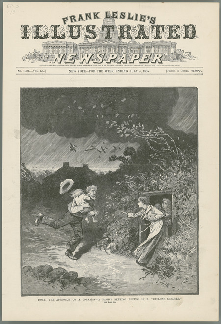 Pages from Frank Leslie's Illustrated Newspaper, July 4, 1885, Vol. LX, No. 1,554. The front page depicts a family sheltering from a tornado in Iowa. Miriam Leslie, widow of Frank Leslie, managed the New York publication after his death in 1880.