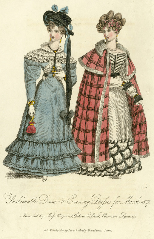 Fashionable dinner and evening dress for March 1827 | Mary A. Barton  Fashion Illustration Collection