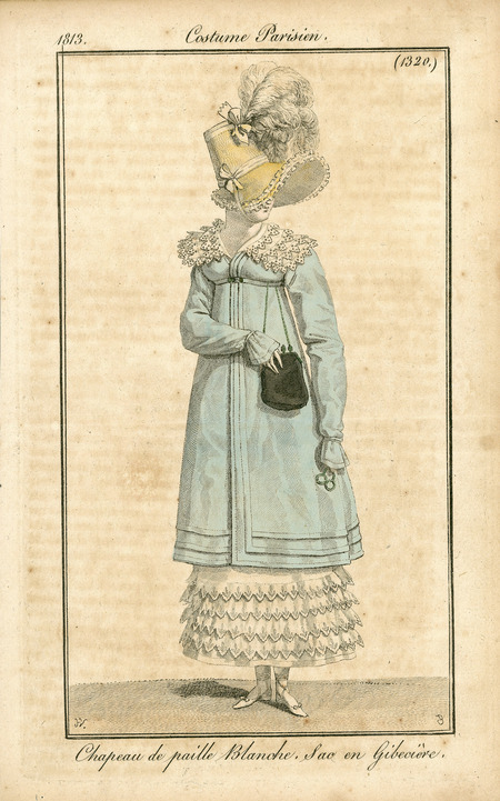 Walking Outfit with layers of lace on the shoulder overcoat with a view of petticoats underneath. A full bonnet with feathers and trimmed in lace and ribbon (Costume Parisien).