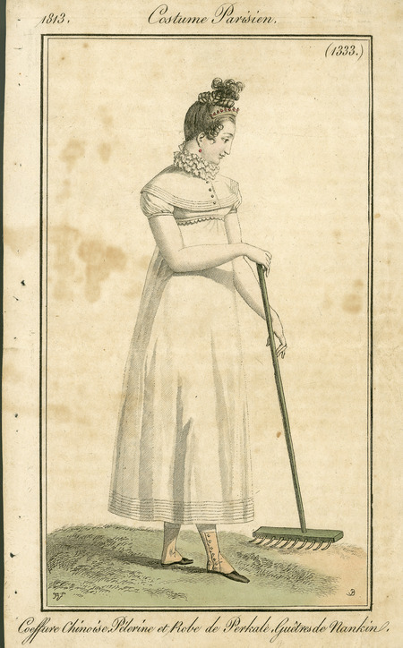 Walking Dress, with overlay on bodice, lace ruffled collar, empire waist, and plain skirt with ribbed hem. The skirt length is mid-calf, and the hair is drawn into a top knot with decoration (Costume Parisien).