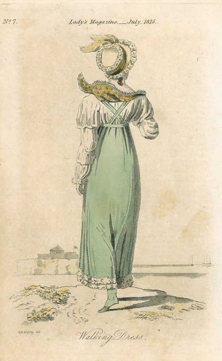 Walking Dress from the back, showing headwear, capelet, suspenders for a 2-layer outfit, multipuff sleeves (published by Lady's Magazine).