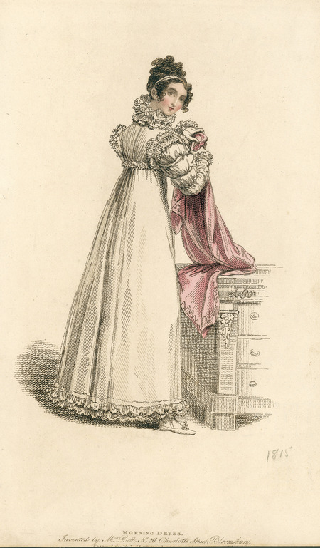 Morning Dress, illustrating the Betsy collar (Elizabethan revival ruffle), multipuff sleeves, and the importance of the back of the dress design.