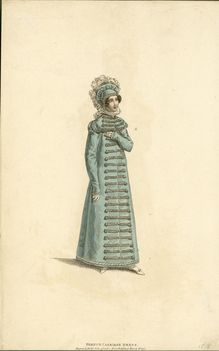 French Carriage Dress, showing the importance of the pelisse (or redingote) and the Betsy collar (Elizabethan revival ruffle) (published for La Belle Assemblee).