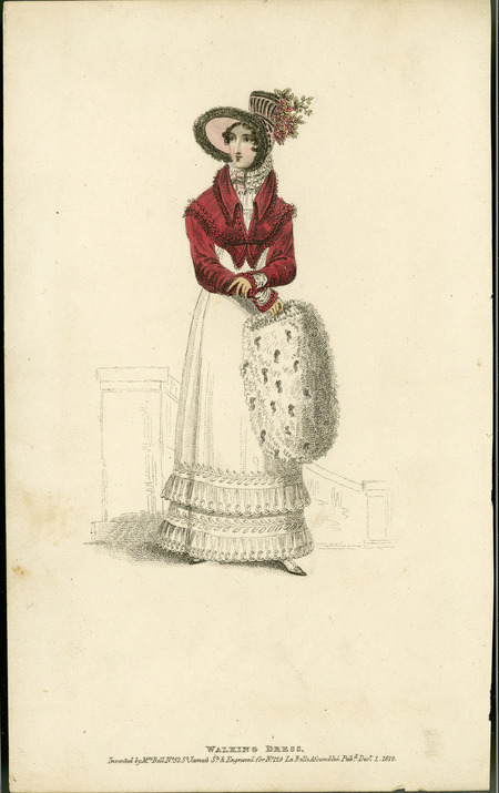 Walking Dress, illustrating the Spencer jacket, the Betsy collar (Elizabethan revival ruffle), oversized muff, the emphasis on the lower hem decoration, and the cut-out sleeve with fur applique (matching the muff) (published for La Belle Assemblee by Mrs. Bell).
