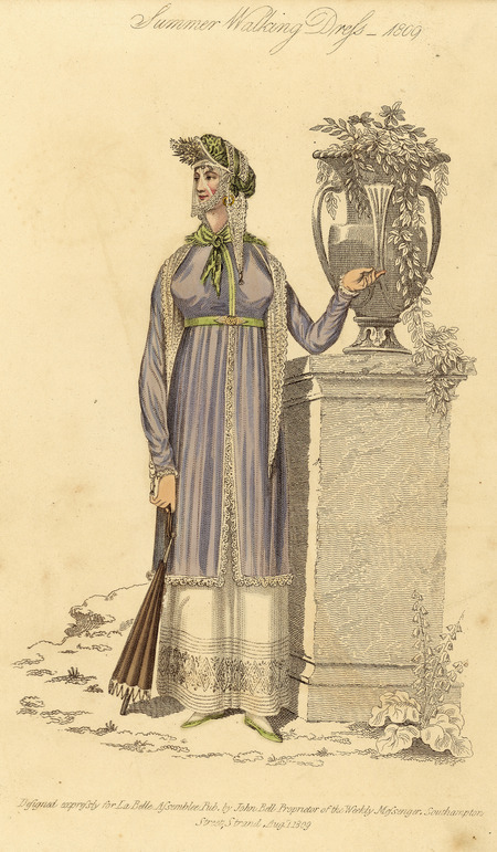 Summer Walking Dress, showing influences from the eastern Mediterranean; underskirt covered by a lace lined overjacket and lace-lined turban with parasol (published by John Bell).