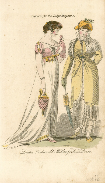 London Fashionable Walking and Full Dress, showing a laced bodice, slit cap sleeves, gloves, and purse. The Walking dress includes a lace lined overcoat, ermine stole, feathered hat and parasol (engraved for the Lady's Magazine).