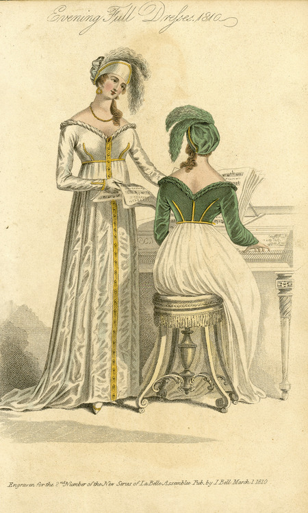 Evening Full Dresses showing off-shoulder bodices, empire waists, and turbaned hats with feathers (published by John Bell for La Belle Assemblee).