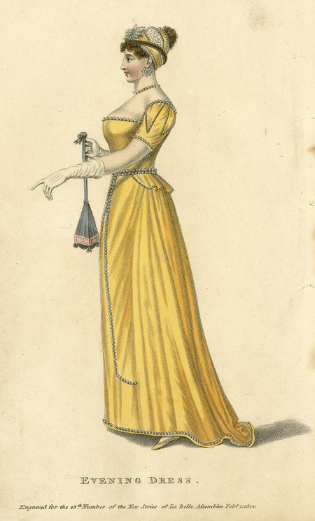 Evening Dress, with tight and square bodice, short and fitted sleeves, decorated with piping. The dress is cinched at the waist and has a small flounce in the back. The lady is wearing a Grecian head piece, wearing gloves, and carrying a small bag. (engraved for La Belle Assemblee).