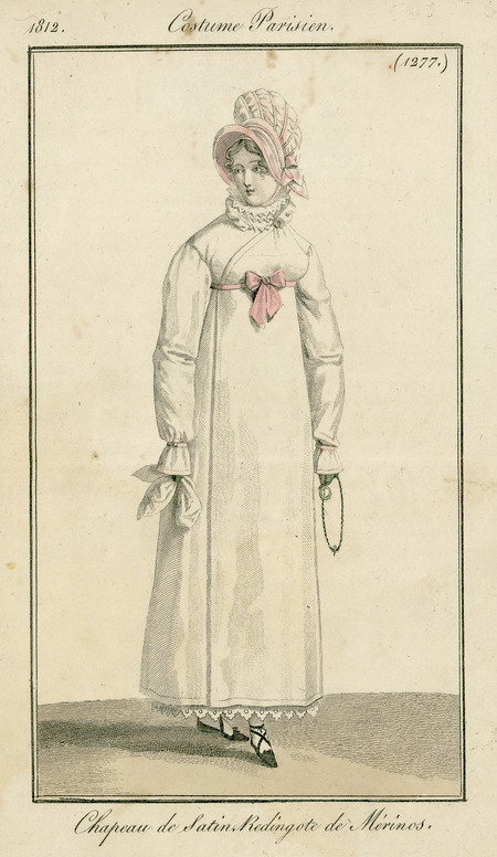 Morning Walking Dress, illustrating the Betsy collar (Elizabethan revival ruffle),headwear, shoes, redingote and muff (published for La Belle Assemblee by Mrs. Bell).