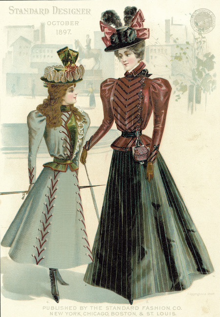 Adult and adolescent day dresses, full skirts, leg-of-mutton sleeves, braid at wrists and down front of both bodices, hats have flat brim and trimmed with large ribbons and feathers, adolescent dress ends at ankles, skirt decorated with braid and buttons, bodice has asymmetrical styling with line of lace ruffle down one side and small peplum, button top boots; adult dress is to ground, bodice has peplum, high turned-out collar, bow at side of neck, purse hangs from waist. (published by Standard Designer).