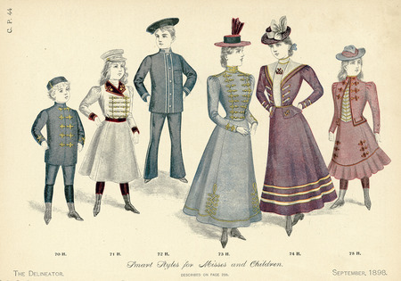 Six children's military style outfits, two for boys, one with short pants and a jacket with frogging, other with long pants and sailor style jacket and cap; girls' dresses end at midcalf or ankle, bodices and skirts trimmed with frogging and braid, leg-of-mutton sleeves, high collars, two also have lapels, hats military style or boaters trimmed with feathers or ribbon. (published by The Delineator).
