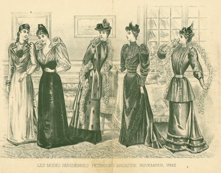 Five dresses (day, evening, three walking), all have small bustles, narrow skirts, two have short trains. Three have leg-of-mutton sleeves, one has bishop sleeves, evening dress has puffy sleeves that end at elbow with large bows on shoulders, and deep "V" neckline. Walking dresses have high band collars, asymmetrical jacket style bodices, two with long peplums, two have waistband sashes, all have small hats with ribbons and feathers. Day dress has shallow "V" neckline, wide waistband sash, large lapels, flower pin. (Les Modes Parisiennes Peterson's Magazine).