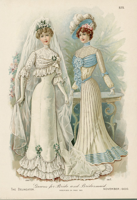 Wedding and bridesmaid dresses, fitted skirts with bell flare, high band collars, wedding dress has two layers of scalloped lace at hem with flowers and a train, lace overbodice with ruffle under bust, elbow length sleeves with ruffle, elbow length gloves, full veil with flowers; bridesmaid has lines of trim at hem, vertical tucks in skirt, swath of fabric at bust ending in puff and fall of same fabric (monobosom), lace on upper bodice and fitted sleeves to wrist with fabric change at elbow, hat has wide curved brim with large feathers. (published by The Delineator).