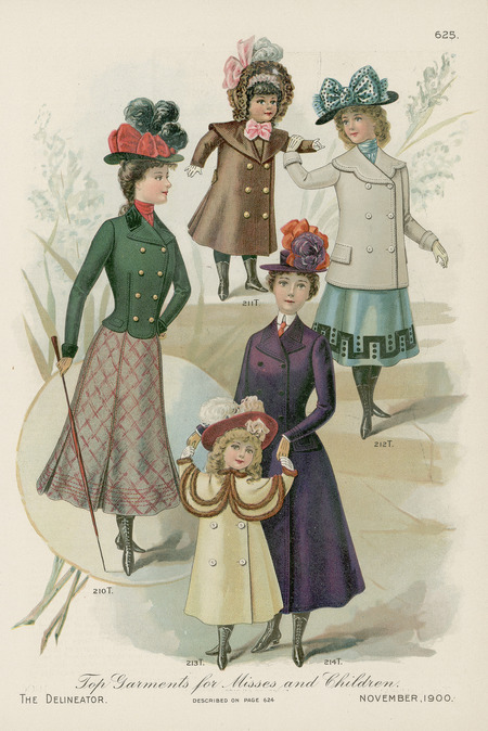 Five girl's and adolescent's dresses, two girls in double breasted overcoats to midcalf, yokes over shoulders, one bonnet with ribbon and plume, one hat with plume; three adolescents in full skirts to midcalf, double breasted overcoats to waist, hip, or midcalf with wide lapels, high collars (one with tie), hats have wide ribbon bows and/or large feather plumes. (published by The Delineator).