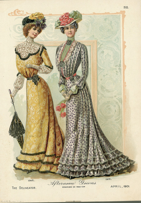 Two afternoon dresses, bell shaped skirts with multiple ruffles at hem and small trains, sashes at waist with bow at side, high collars, right dress has bishop sleeves changing material partway down forearm to wide cuff; left dress has fitted sleeves that change to lace at elbow and are full to long, fitted cuffs; hats have fabric and flower trim, right has a wide brim. (published by The Delineator).