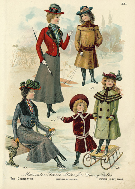 Five coats for children and adolescents, adolescent's skirts bell shaped to midcalf, jackets with wide lapels over blouses with high band collars, coat sleeves without cuffs, hats have wide brims with ribbons or feathers; children's coats to midcalf, button closures either double breasted or asymmetrical, high band collars and yokes, coat sleeves with cuffs, hats have wide brims and ribbon or feather trim. (published by The Delineator).