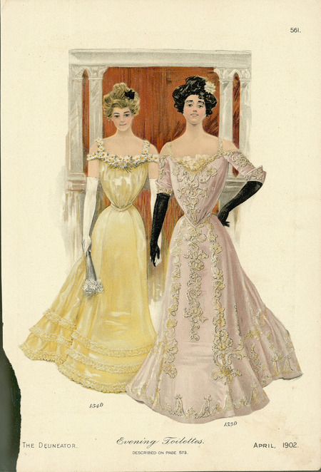 Two evening dresses, morning-glory style skirts with slight trains, straps at shoulder, monobosom bodice to narrow, pointed waist; single flower in each woman's hair, elbow length gloves; left dress has three small ruffles at hem, flowers across straight neckline, straps around shoulders and upper arms; right dress has embroidery at hem and down front, embroidered sleeves from upper arm to elbow leave shoulder bare. (published by The Delineator).