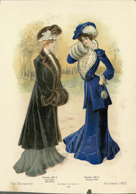 Two walking dresses, morning-glory skirts with flared hem, left has coat to midcalf trimmed with fur on lapel and cuffs, fur muff and fur and lace headcovering; right coat to midthigh with embroidered lapel, Medici collar, high collar blouse with jabot, picture hat with fabric and feather trim, fur muff, gloves, small handbag. (published by The Delineator).