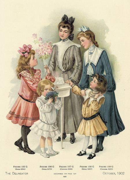 Three girl's and two children's dresses, all dresses have loose bodices and sashes at waist; girl's dresses have skirts to knee, bishop sleeves, wide yokes, high band collars, ribbons in hair, Mary Janes or low boots; adolescent's dresses to midcalf or ankle, bishop sleeves, yokes, one with sailor style tie, high band collars, ribbons in hair, low heeled shoes. (published by The Delineator).