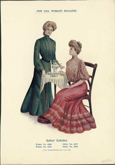 Two day ensembles, right has shirtwaists with full, elbow length sleeves, high collar, monobosom, full skirt with two ruffles at hem; left dress has high collar, bishop sleeves and pleated front, belted waist, full or bell shaped skirt, hair piled high without decorations. Both exhibit Gibson girl style. (published by New Idea Woman's Magazine).