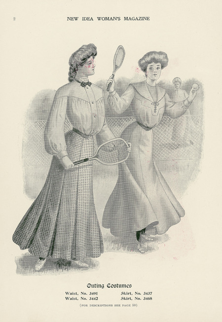 Two outing costumes that exhibit the typical S-shaped silhouette of the period. The left outfit consists of a shirtwaist with a high collar, small bow tie, buttons down center front, long sleeves with cuffs, a belt, and a skirt with gores that develop into inverted pleats above the hemline. The right outfit consists of a shirtwaist with a sailor style collar, long sleeves with cuffs, a belt, and a gored skirt. Both women have their hair pulled back and loosely piled atop their heads in the Gibson girl style and both sport low-heeled, tie shoes. (published in New Idea Woman's Magazine).