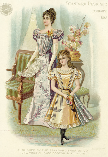 Evening dress with full skirt and small train, square neckline, bloused bodice, short sleeves are shoulder puffs with double yoke, full length gloves, corsage, feather trimmed fan, hair piled high; girl's dress is below knee with lace ruffle and full skirt, geometric lines of trim, bodice has two lines of lace ruffle from shoulder to waist, lace ruffle around jewel neckline, sleeves are shoulder puffs with yoke, shoes are flat with strap, long hair. (published by Standard Designer).