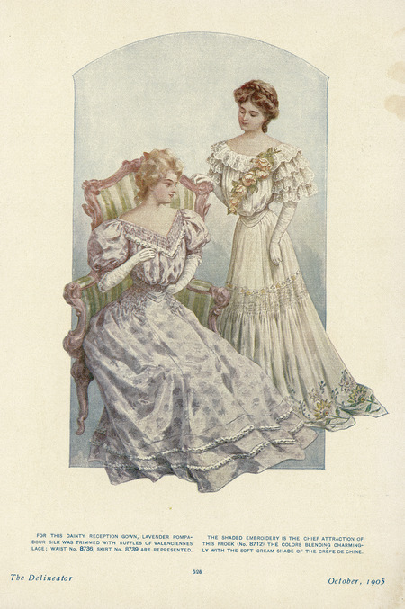 Two reception dresses, full skirts, left trimmed with lace, right with embroidery, bodices have wide round or v-shaped necklines, monobosom bodices with fitted waists, sleeves are large puffs or layers of lace from shoulder to elbow, elbow-length gloves; right dress has diagonal flower sash on bodice, no hair trimmings. (published by The Delineator).