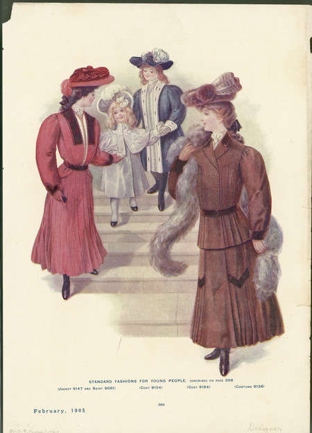 Two adolescent outfits and two girls coats, outfits consist of ankle-length, full skirts that are pleated and jackets with bishop sleeves, right is hip length with pleats and attached belt, left cut-away with small peplum, small girl's coat knee length with embroidered cape collar, other knee length with fur trim on lapels and cuffs, bishop sleeves, all hats are wide and flat, trimmed with feathers and fabric, one with fur. (published by The Designer).