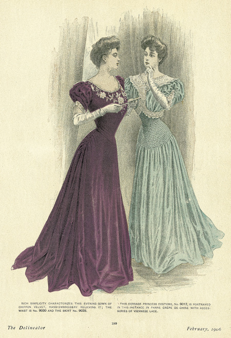 Two evening gowns, left bodice has round neckline with embroidery, short puffed sleeves, elbow length gloves, skirt gathered on each hip; right has slight v-shaped neckline, lace trim, puffed sleeves to elbow, elbow length gloves, smocking below bust to hips, hair piled high. Both exhibit "S" shaped silhouette. (published by The Delineator).