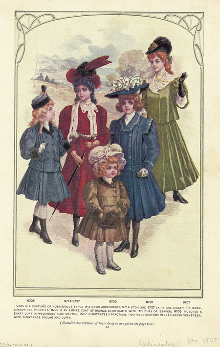 Five girl's dresses and coats, skirts are pleated, bishop sleeves, (from left to right) jacket and knee length skirt with fur trimmed lapels and cuffs and a pillbox hat; Eton jacket, calf-length skirt and feather trimmed hat, button top boots; empire waist, knee length coat with fur collar, cuffs, muff and a fabric hat with feathers; pleated drop-waist knee length coat, wide flat hat with large bow; jacket with lace collar and cuffs, ankle length skirt and small hat with feather. (published by The Delineator).