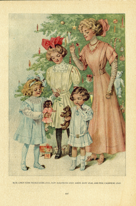 Three children's and an adolescent dress, children's dresses to knee; left one no waist, shoulder ruffle over full sleeves, large ribbon bow in hair; one belted at waist, full sleeves to elbow, square neckline filled with lace, high collar, large ribbon bow in hair; boy's dress belted at drop waist, bishop sleeves; adolescent dress to ankle, pleats in bodice to waist sash, short sleeves over long shirred sleeves to point at back of hand, v-neck over lace insert with high, band collar, large ribbon bow in hair. (published in The Delineator).