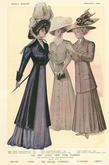 Three day dresses with coats; left Directoire coat to calf, cut away in front with embroidered lapels and cuffs, high ruffle collar, full skirt; center Eton jacket, ruffle and high collar, buttons down center front of full skirt; right suit jacket to mid-thigh, instep-length skirt, four-in-hand tie, high collar; all hats have wide, flat brims, two trimmed with fabric, one with a bird. (published by The McCall Company).