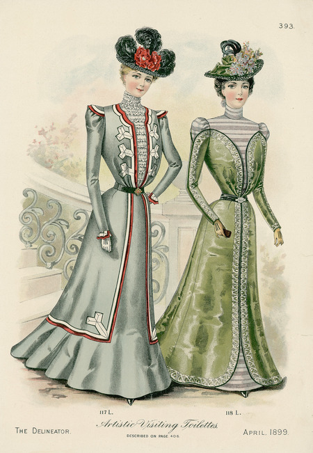 Two visiting dresses, skirts display morning glory shape, belted, leg-of-mutton sleeves, high collars, hats have curved brims with flowers and feathers, bodices loosely fitted in front, vertical lines of fabric or braid trim down bodices and skirts. (published by The Delineator).
