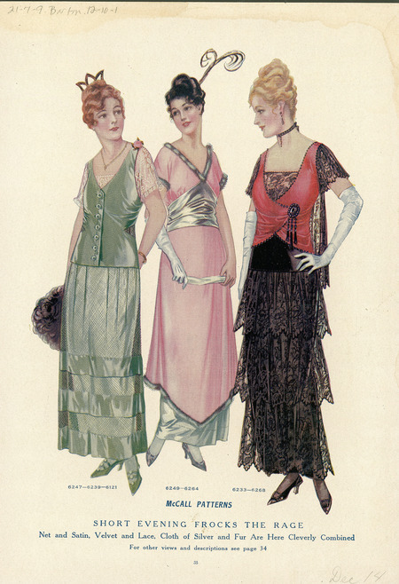 Three evening dresses, left dress has ankle length skirt with three bands of contrasting material, vest buttoned to hip, short lace sleeves, tall comb in hair; center has ankle length skirt with v-hem fur trimmed overskirt, wide band at waist inverted to meet v-neckline, short sleeves and neckline fur-trimmed, tall feather in hair, elbow length gloves; right dress has three tiers of lace over tubular skirt ankle length skirt, vest with asymmetrical beaded closure, short lace sleeves, elbow length gloves. (published by McCall's Magazine).