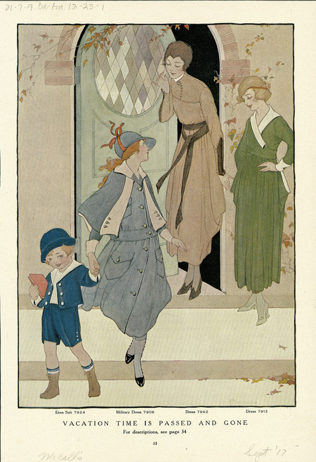 Two children's and two adult outfits; boy in Eton suit with short pants, soft hat; girl in military style dress with buttons to hem, four pockets, cape, and cap with brim; both adult dresses have full, ankle length skirts, left one with waist sash with ends hanging down and tall collar, right has surplice neckline and long, cuffed sleeves. (published by McCall's Magazine).