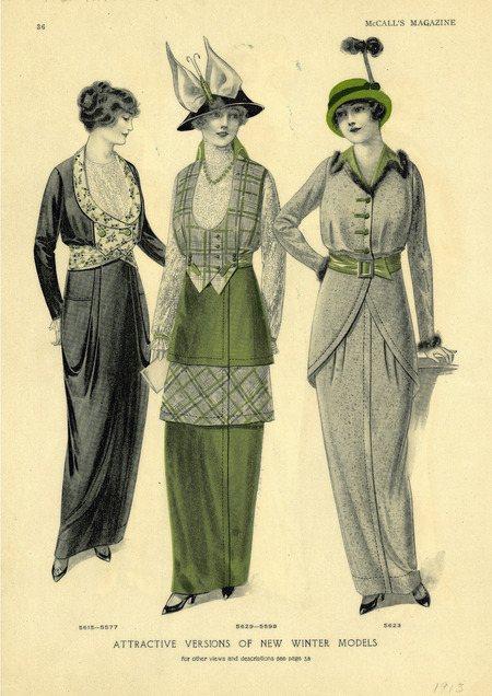 Three winter day dresses all with long sleeves and ankle-length skirts. Left dress has jewel neckline, surplice jacket style bodice with lace insert, ruffle cuffs, and a softly pleated hobble skirt. Center woman has a dress with a high collar, loose sleeves, a faux vest with a deep "U" neckline over a lace blouse, a hobble skirt in 3 alternating layers of solid and plaid fabric, and a hat with a large butterfly on the front. Right woman has an outfit composed of a jacket with a "V" neckline, fur trim on the collar and cuffs, wide slide-buckle belt, a hobble skirt, and a bowler style hat with a tall feather topped stick. (Published in McCall's Magazine).