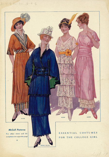 Two day and two party dresses, left has pleated overskirt with tubular underskirt to ankle, elbow length sleeves, buttoned blouse with tall open collar, hat with tall crown, brim, and feather; front dress has three pleated layers of skirt ending at hip, knee, and ankle, jacket with cape sleeves and single button closure, v-neck blouse with tall open collar, hat with tall crown, narrow brim, and bow; left party dress has five tiers of lace on narrow skirt, loose lace v-neck bodice with short sleeves, sash with flower at waist, headband with feather; rightmost dress has skirt to midcalf over two layers of lace to ankles, wide gathered sash at waist, round neckline, short sleeves. (published by McCall's Magazine).