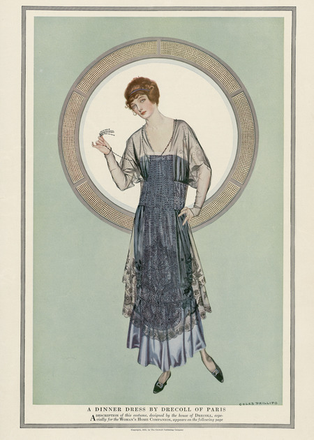 Evening dress, showing sheer sleeves and lace bodice over a skirt ending above the ankles. (published for the Women's Home Companion by the Crowell Publishing Company).
