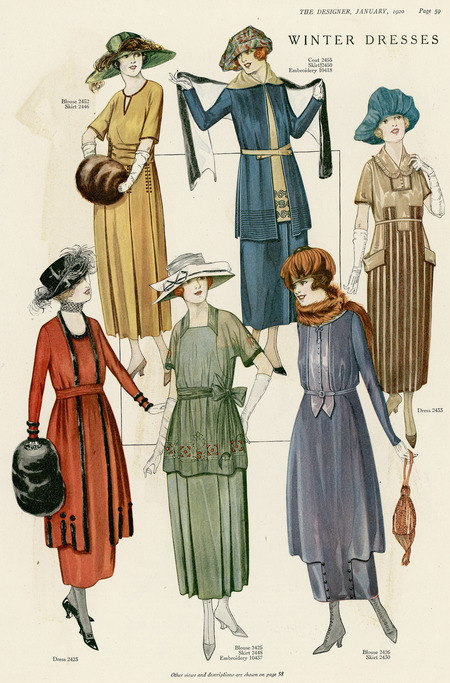 Winter dresses, showing an emphasized waist, overcoats, and variety of sleeve lengths. (published for The Designer).