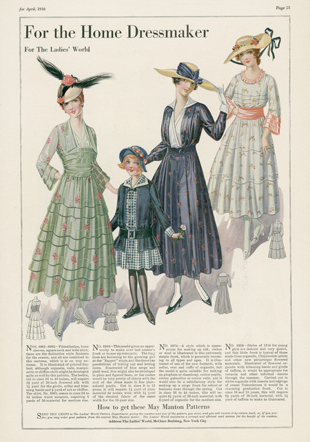 Dresses for women, young women, and girls. The left dress illustrates a fitted bodice, loose sleeves, square neck, and wide skirt. (published for "The Ladies' World").