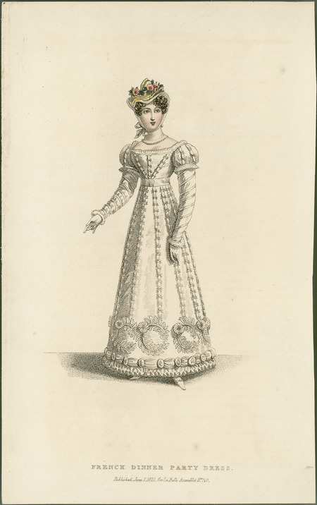 French Dinner Party Dress, showing the high waist, bonnet framing the face, the emphasis of decoration on the lower hem, and the 2 part sleeve (mameluke/leg-of-mutton) (published for La Belle Assemblee).