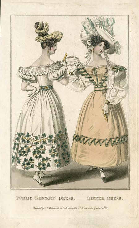 Public Concert Dress and Dinner Dress, showing the following: leg-of-mutton sheer sleeves with widening shoulders overall, a highly decorated shirred bodice with decorate ribbon and exposing the neck and upper chest, the waist emphasized by a belt, geometric or flowered decoration towards the hem, cuffed wrists, fans, and hats decorated with fabric, feathers and lace (published for La Belle Assemblee by G.B. Whittaker).