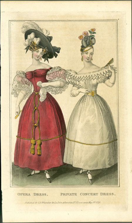 Opera Dress and Private Concert Dress, illustrating cuffed short sleeves (edged with lace), shirred bodices, an emphasis on the waist, elaborate trims, elaborate coiffures and hats, decorated with feathers, ribbons, flowers, and beading (published for La Belle Assemblee by G.B. Whittaker).
