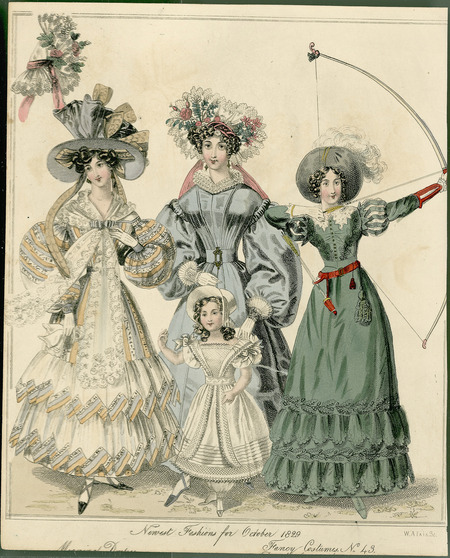 Newest Fashions for October 1829, demonstrating Morning Dress, Fancy Costume, Outdoor Dress, and Child's Dress. The Morning Dress displays a lace pelerine (shaped shoulder scarf) tied over the bodice, with puffed leg-of-mutton sleeves and cuffed wrists, patterned fabric, and geometrically layered lower hem with color coordinated bonnet with ribbons. The Fancy Costume includes a lace bonnet decorated with flowers and ribbons, the Betsy collar (Elizabethan revival ruffle), puffed leg-of-mutton sleeves and cuffed wrists, a belt emphasizing the waist. The Outdoor Dress (focusing on the ladylike pursuit of archery) shows a simpler bonnet decorated with feathers, slimmed-down leg-of-mutton sleeves and cuffed wrists, a slimmer fit through the bodice and skirt, while still maintaining the emphasis on the waist with a colored belt and purse and decoration at the lower hem. The young girl wears a simple bonnet and dress over pantalets, while still continuing the wide shoulders and decoration emphasizing the waist (publisher is unknown).