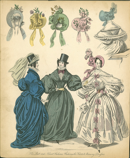 The Last and Newest Fashions, Fashionable Habits and Morning Dresses. The Riding Habits show a top hat decorated with flowing ribbons, a the Betsy collar (Elizabethan revival ruffle) tied with a bow, puffed leg-of-mutton sleeves with cuffed wrists, flowing skirts, and a slight jacket tail in the back. The Morning Dress has a face framing bonnet with feathers and ribbons, a lace pelerine (a shaped shoulder scarf), with bows and belts again emphasizing the waist, and puffed leg-of-mutton sleeves with cuffed wrists. The bonnets shown demonstrate a framing of the face front component with a puffed back area, decorated with ribbons, flowers, and bows (publisher unknown).