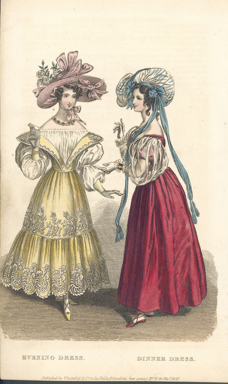 Evening Dress and Dinner Dress, demonstrating widened shoulders and lower necklines, with a sheer shirred bodice and decorative suspender overlay of fabric. Sleeves are puffed leg-of-mutton, somewhat see-through and sheer and cuffed wrists. The hats are wider and use tasseled ribbons and bows as well as flowers for decoration (published for La Belle Assemblee by Whittaker and Company).