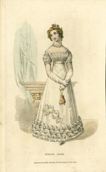 Evening Dress, illustrating widening shoulders with a decorated bodice, descending waistline marked by ribbon or cummerbund, the emphasis of decoration on the lower hem, with gloves and purse (published for La Belle Assemblee).